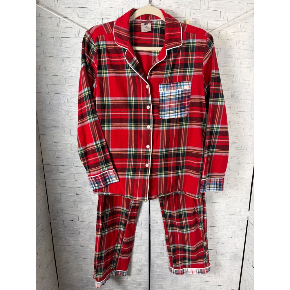 Lands End Womens Red Plaid Flannel Pajama Set Cotton 2 Piece Sleepwear Cozycore